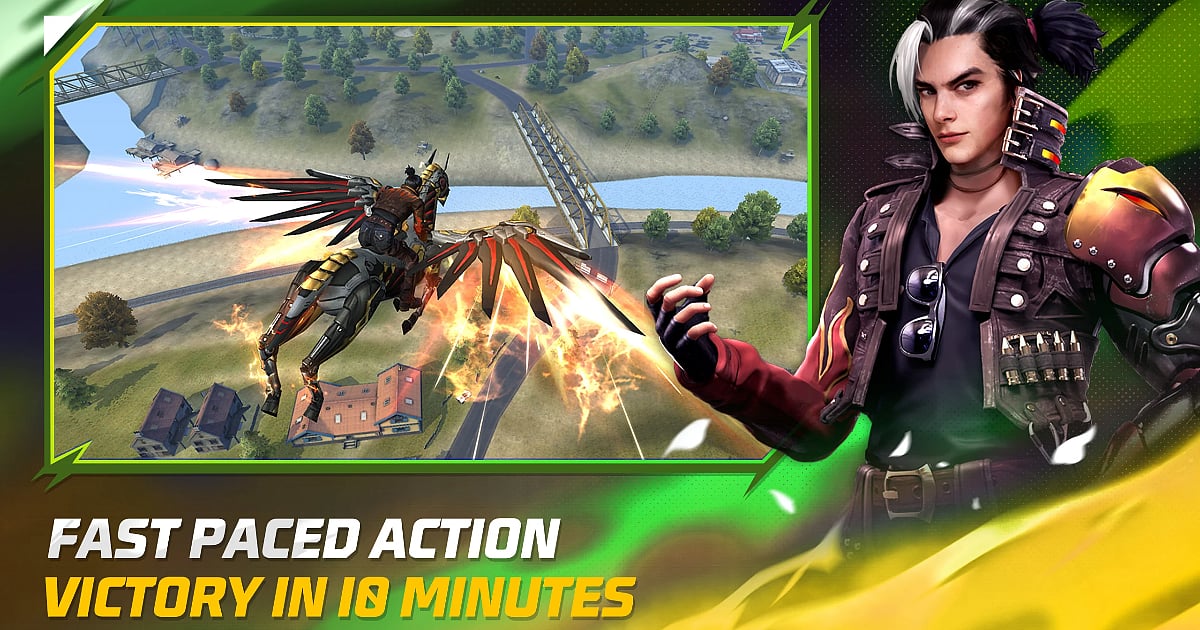 Free Fire India gameplay showing a winged character flying over a map alongside a featured character.