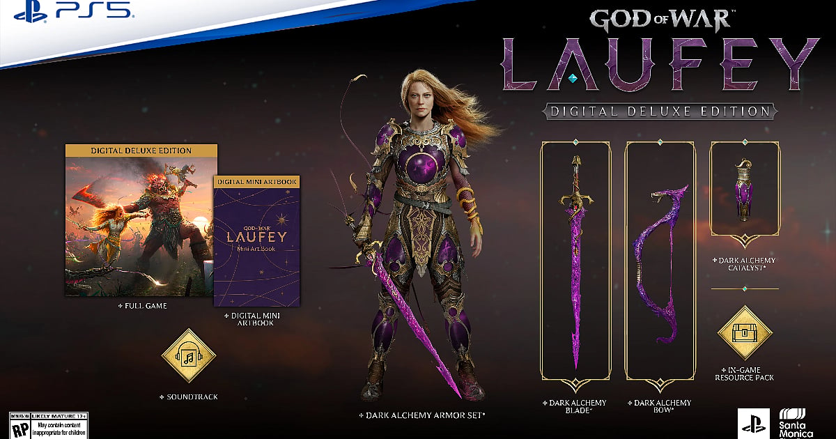 God of War Laufey Digital Deluxe Edition featuring Faye, Dark Alchemy Armor Set, Blade, Bow, Catalyst, digital mini artbook, soundtrack, and in-game resource pack.