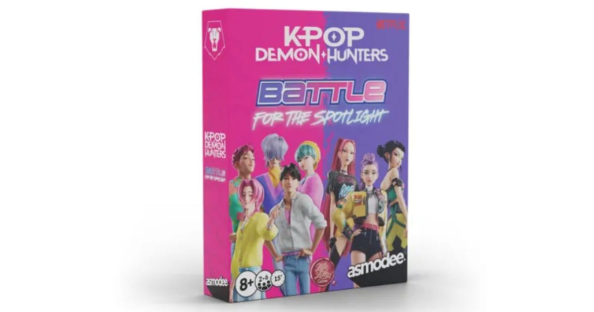 KPop Demon Hunters: Battle for the Spotlight tabletop game box featuring HUNTR/X and Saja Boys characters.