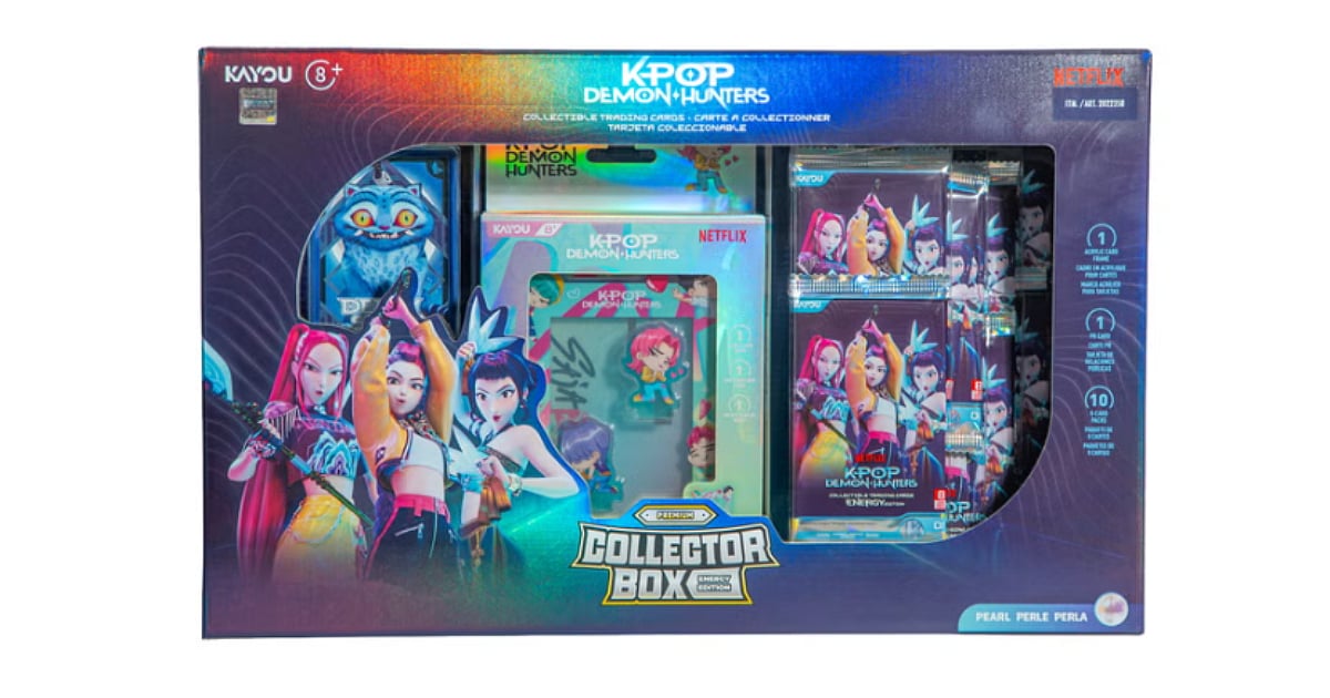 KAYOU's KPop Demon Hunters Collector Box featuring Huntrix-themed trading card packs and collectible items.