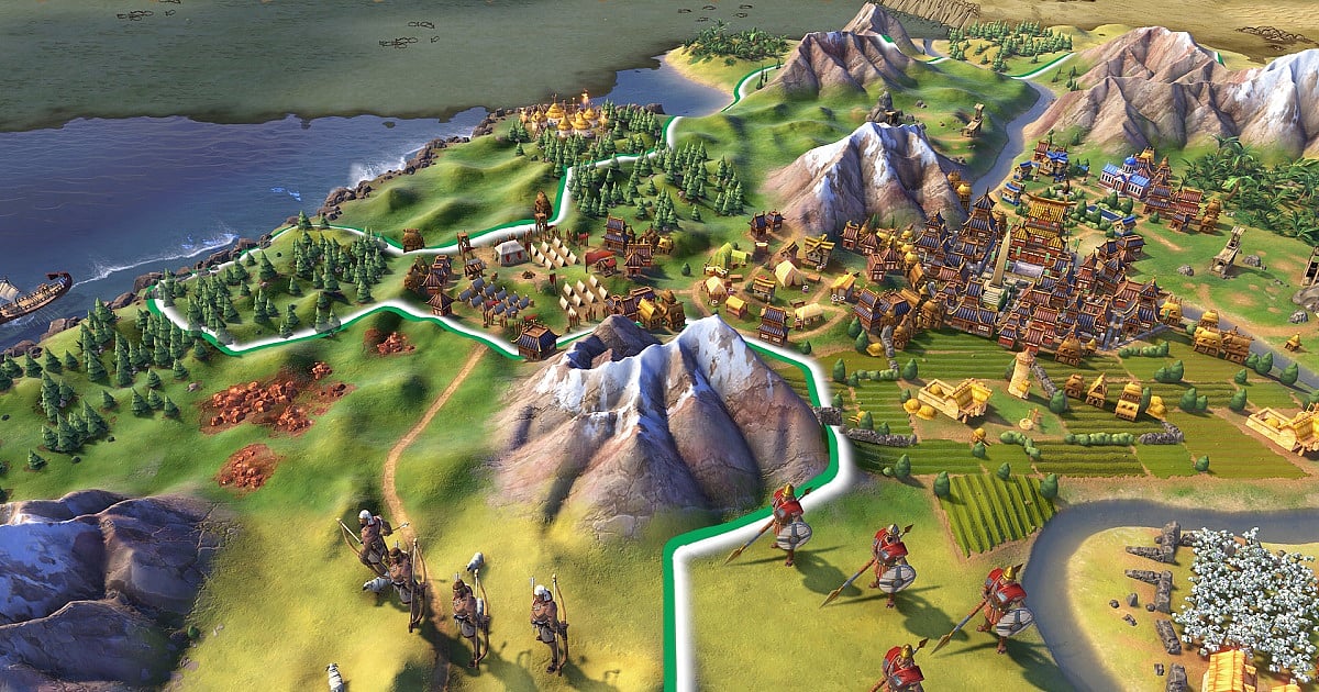 Screenshot from Civilization VI showing a green-bordered territory of a city with pagoda-style buildings and farmland on the right, separated by a snow-capped mountain from a forested area with tents and encampments. 