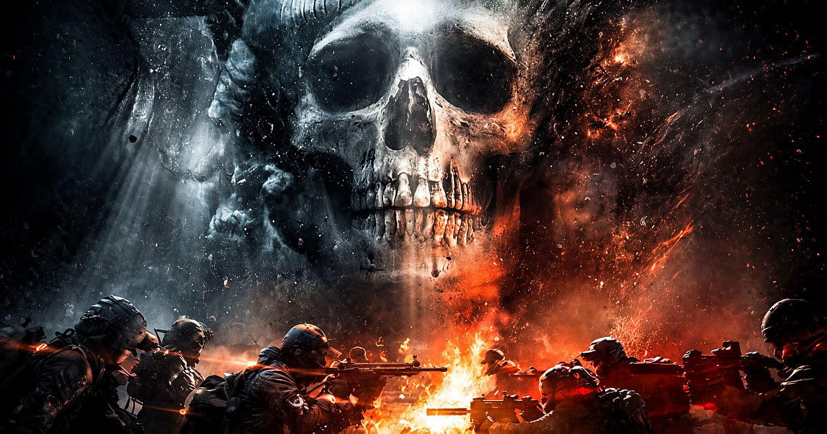 Tom Clancy’s The Division Expansion III: Last Stand artwork showing armed Division agents facing opposing forces across a burning battlefield beneath a massive skull formed from smoke and fire.