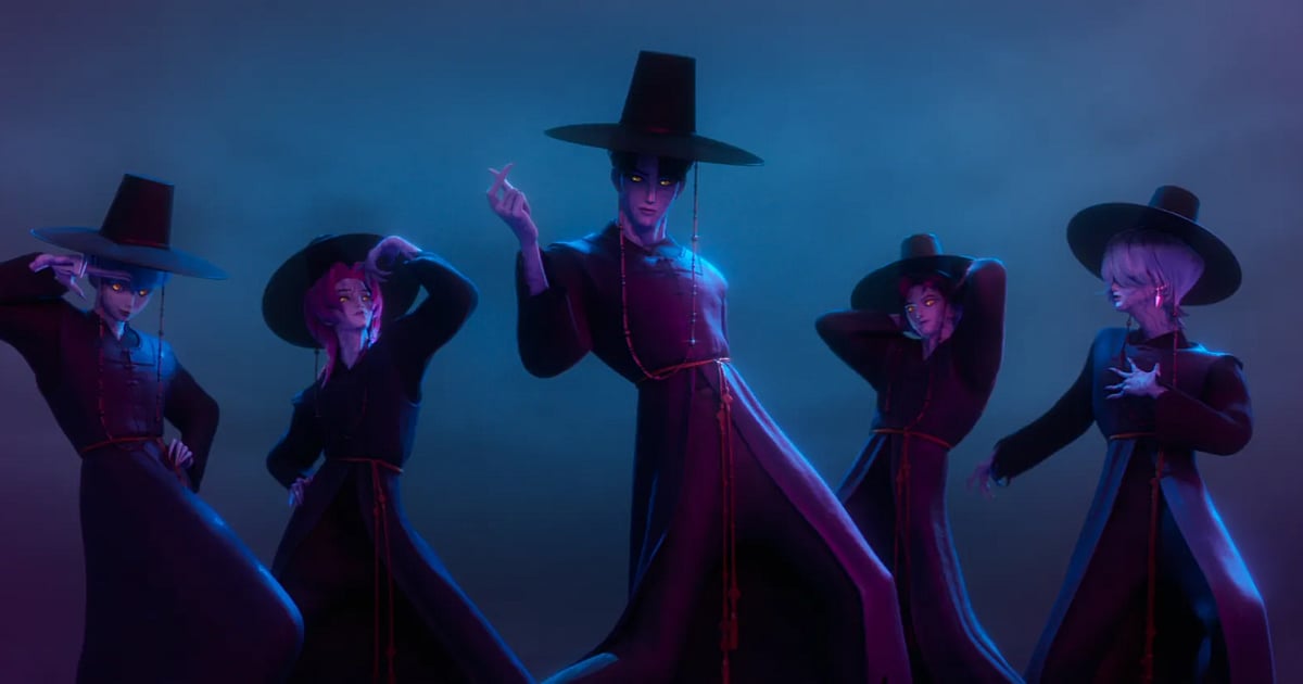 KPop Demon Hunters showing the Saja Boys performing in traditional-inspired black outfits and wide-brimmed hats.