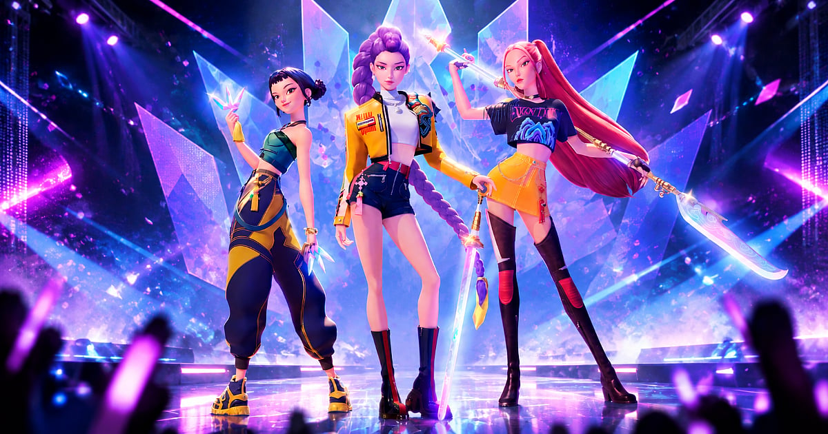 KPop Demon Hunters’ HUNTR/X trio performing on a brightly lit concert stage with glowing weapons and a large audience.