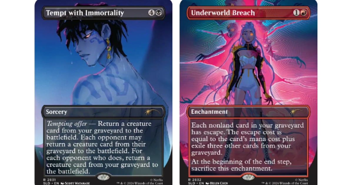 Magic: The Gathering cards Tempt with Immortality featuring Jinu and Underworld Breach featuring Rumi from KPop Demon Hunters.
