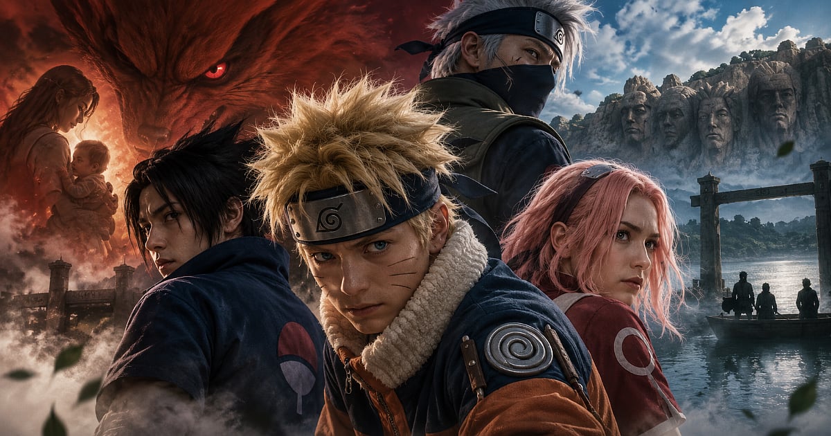Live-action-style depiction of Naruto, Sasuke, Sakura, and Kakashi with Kurama and Konoha’s Hokage Rock in the background.