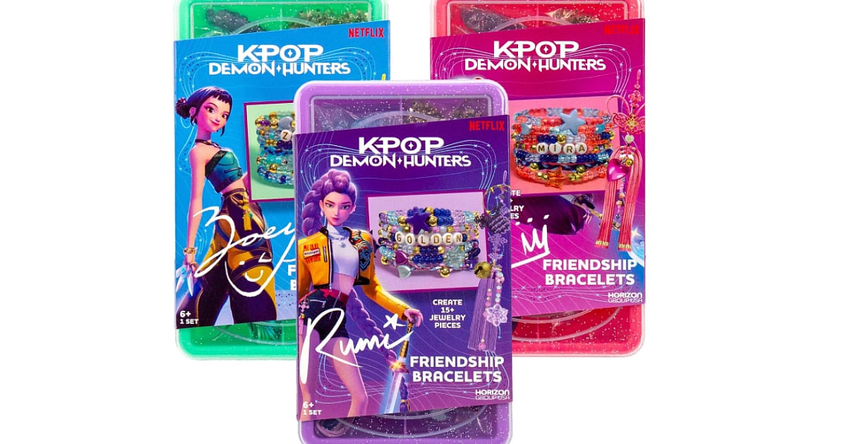KPop Demon Hunters Friendship Bracelets 3-Pack featuring Mira, Rumi, and Zoey, with character-themed bracelet kits from Horizon Group USA.