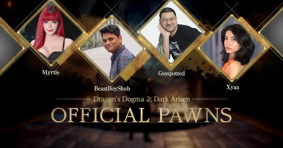 Promotional image for Dragon’s Dogma 2: Dark Arisen featuring Official Pawns Myrtle, BeastBoyShub, Gssspotted, and XYAA.
