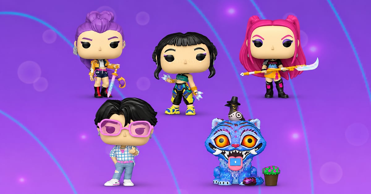 Funko Pop! figures of Rumi, Mira, Zoey, Bobby, and Derpy with Sussie from KPop Demon Hunters arranged against a purple background.