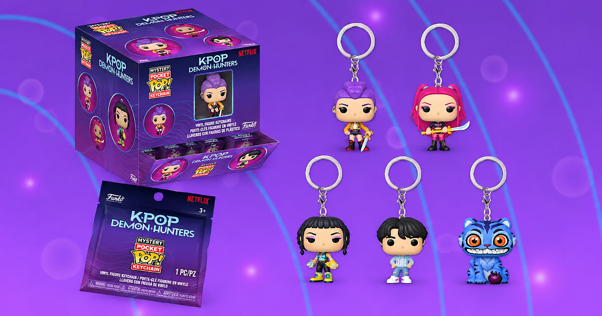 Funko Pop! Mystery Pocket Pop! keychain display and blind bag featuring KPop Demon Hunters characters, including Rumi, Zoey, Mira, Bobby, and Derpy, against a purple background.