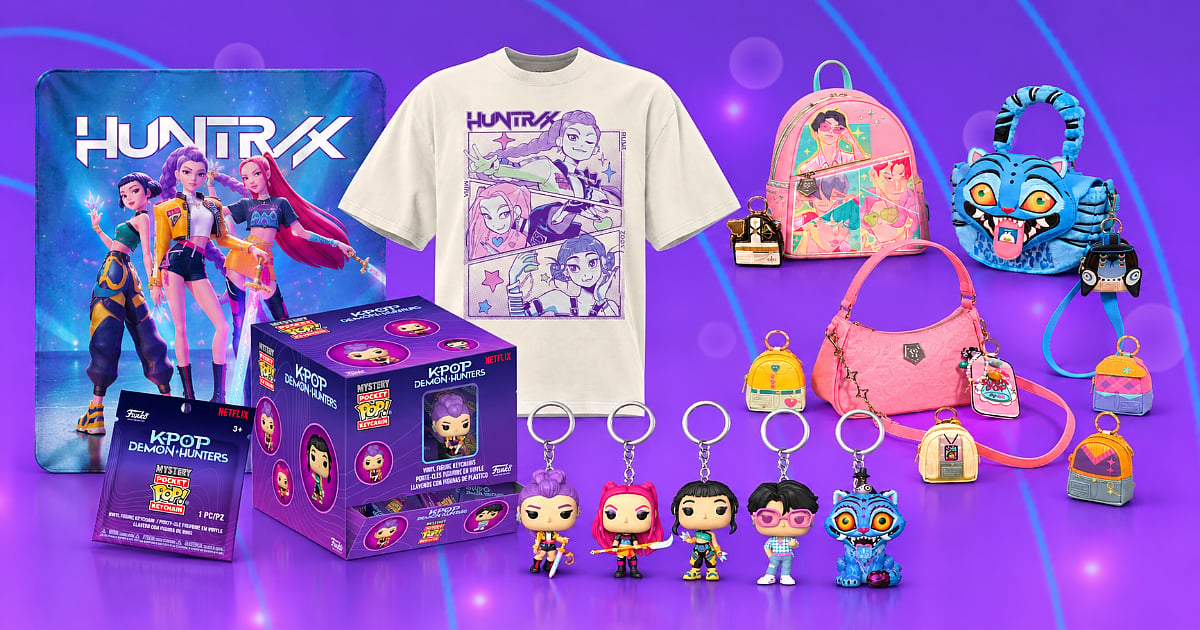 KPop Demon Hunters merchandise collection featuring a HUNTR/X blanket and graphic T-shirt, character-themed bags and charms, Funko Pocket Pop! mystery keychain packaging, and five character keychains against a purple background.