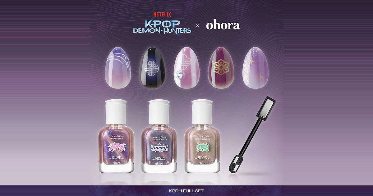 The KPop Demon Hunters x ohora KPDH Full Set featuring five HUNTR/X-inspired press-on nail designs, three character-themed magnetic nail polishes, and a magnetic stick against a purple background with Netflix and ohora branding.
