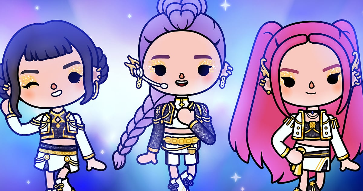 Toca Boca World characters dressed in KPop Demon Hunters-inspired outfits, featuring purple, blue, and pink hairstyles, gold accessories, and coordinated black-and-white stage costumes against a colorful, starry background.
