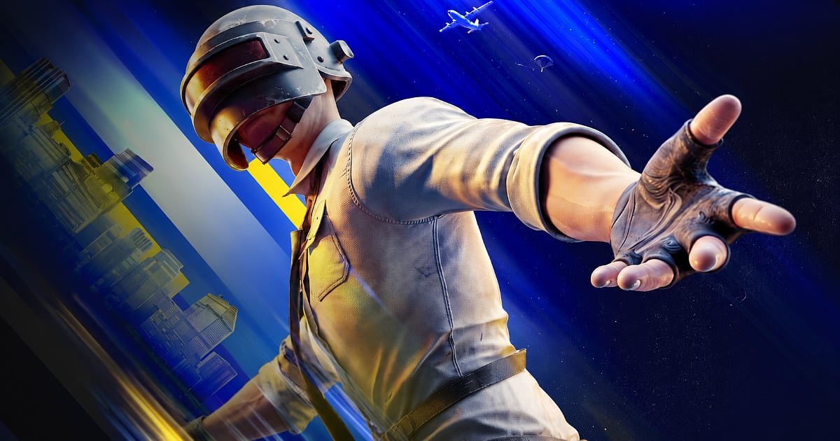 PUBG: Battlegrounds-themed artwork featuring a helmeted soldier reaching toward the viewer against a blue and black background with aircraft, a parachute, and diagonal light effects.