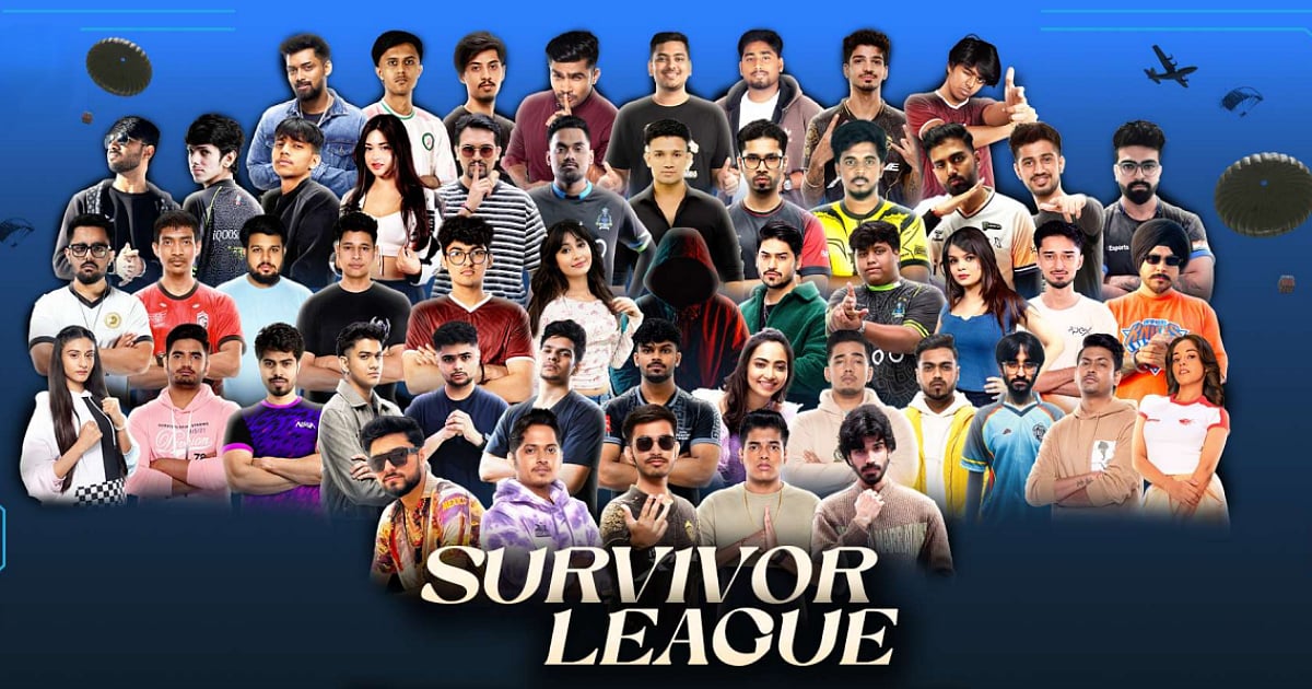 BGMI Survivor League promotional banner featuring 50 gaming creators arranged in multiple rows against a blue background, with parachute and aircraft graphics and the “Survivor League” title at the bottom.