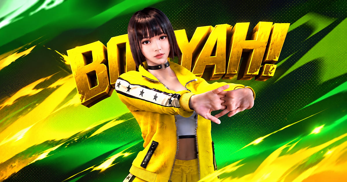 Free Fire’s Kelly in her yellow star-patterned outfit poses in front of bold gold “BOOYAH!” text against a green, yellow, and black gaming background.