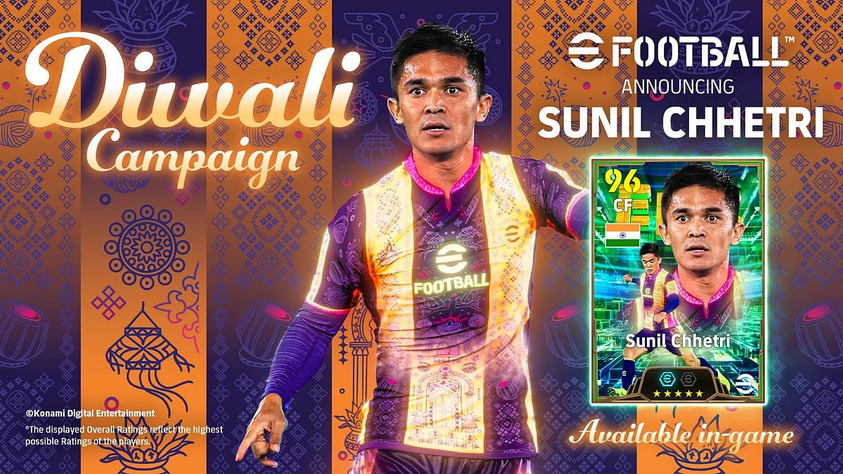 eFootball Diwali promotional artwork depicting Sunil Chhetri in a purple-and-gold jersey beside his 96-rated player card.