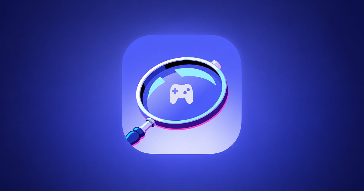 Gaming search app icon featuring a magnifying glass over a game controller on a blue and purple gradient background.