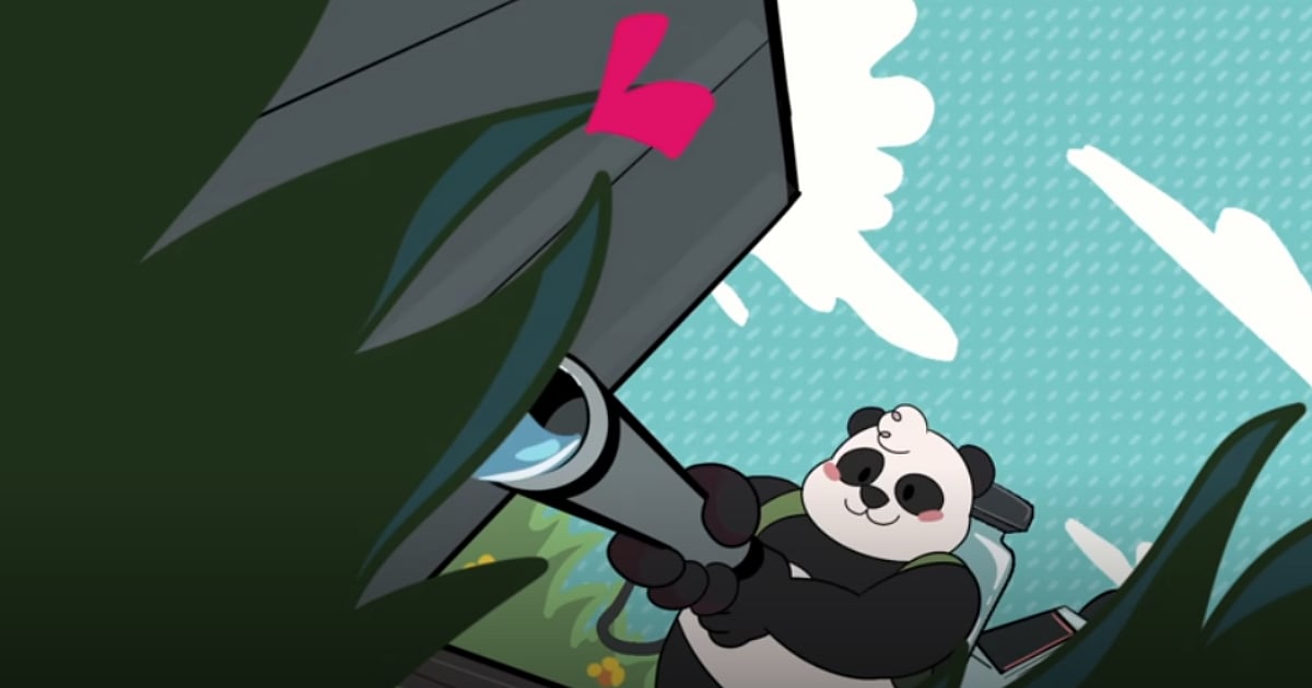 Bao Bao's Cozy Cleaning Services features a cartoony panda holding a large water gun while peeking through dark green foliage against a turquoise sky.