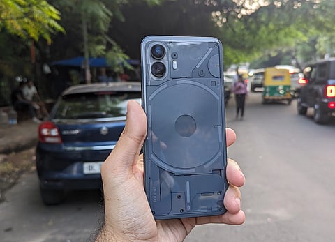 The Nothing Phone (2) has two 50MP cameras on the back - a wide-angle primary and an ultrawide secondary with macro lens.