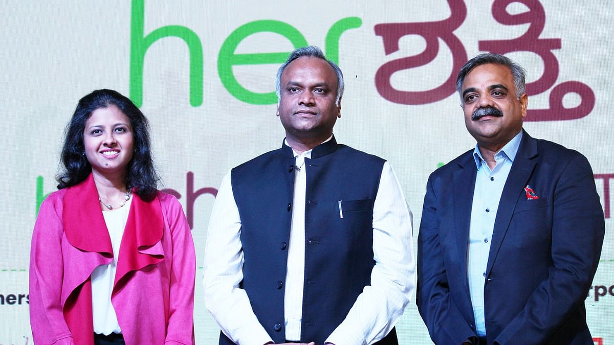 (L-R) Neha Bagaria, Founder & CEO of Herkey, Honourable Minister Shri Priyank Kharge, Sanjeev Kumar Gupta, CEO, Karnataka Digital Economy Mission (KDEM)