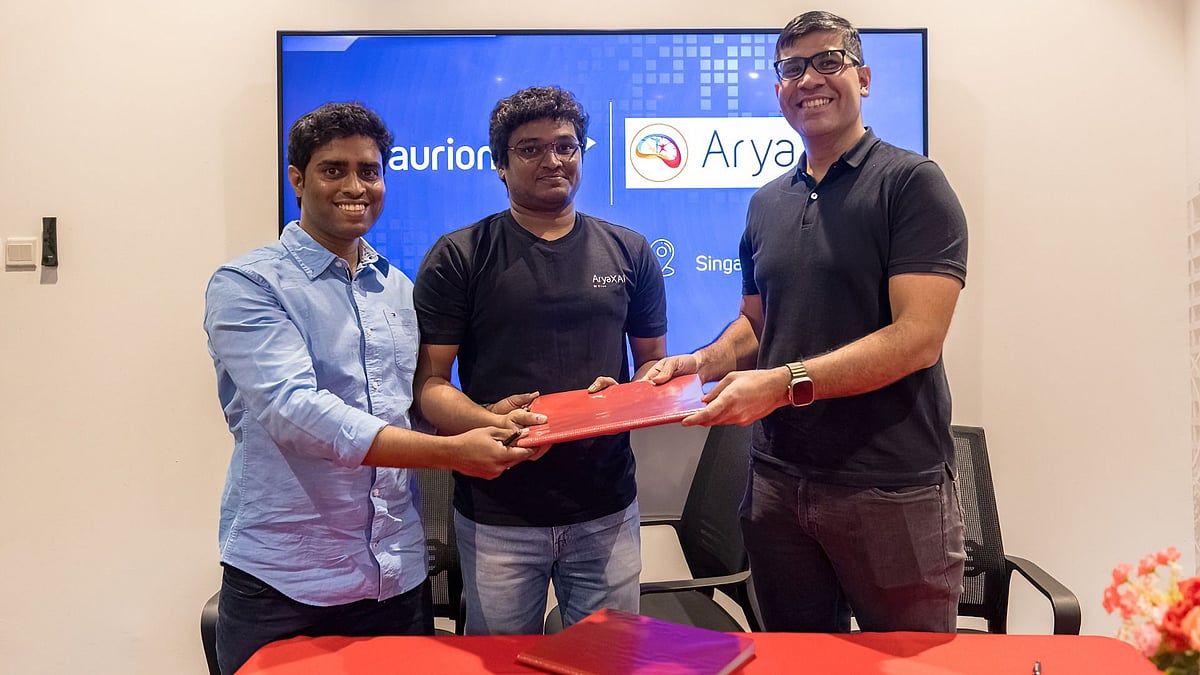 From L-R: Deekshith Marla, Founder and CTO of Arya.ai, Vinay Kumar Sankarapu, Founder and CEO of Arya.ai, and Ashish Rai, CEO, Aurionpro Solutions.