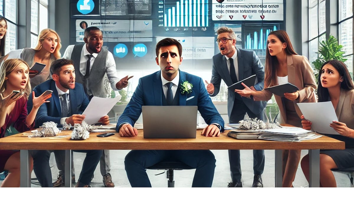 Dall.E : A flustered CEO surrounded by a PR team in damage-control mode