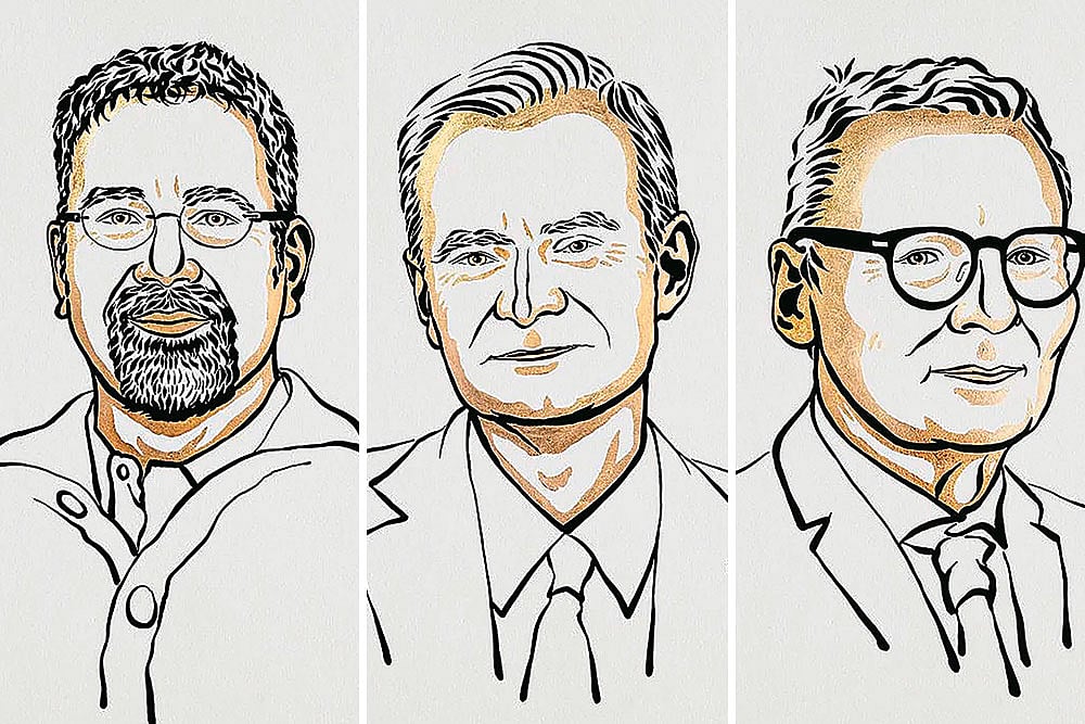 Sketch: Courtesy nobelprize.org : (From left) Daron Acemoglu, Simon Johnson and James A Robinson