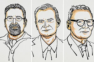 Sketch: Courtesy nobelprize.org : (From left) Daron Acemoglu, Simon Johnson and James A Robinson