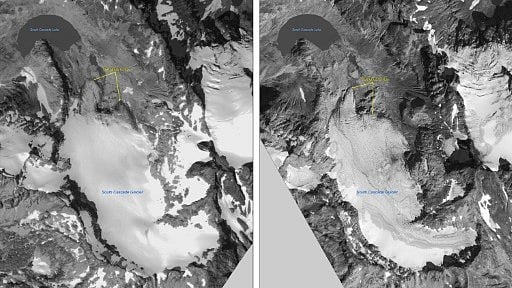 Satellite images of polar ice sheets taken in August 2000 (L) and September 2006 show the retreating glacier terminus of the South Cascade Glacier, in photos provided by the US Geological Survey