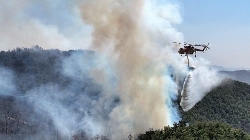 A Korea Forest Service helicopter is used to help extinguish a forest fire near its ignition point in Uiseong