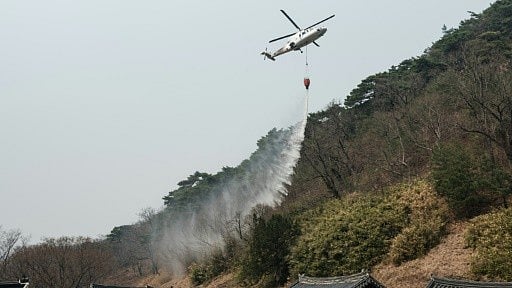 A helicopter drops water as a wildfire advances towards Gounsa Temple in Uiseong