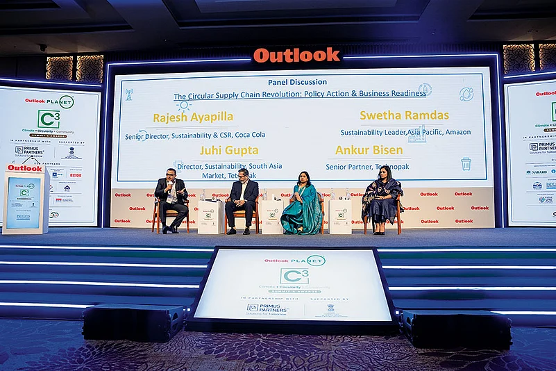 (From left) Ankur Bisen, senior partner, Technopak; Rajesh Ayapilla, senior director, sustainability and CSR, Coca-Cola India; Juhi Gupta, sustainability director, South Asia, Tetra Pak; Swetha Ramdas, sustainability leader, Asia Pacific, Amazon