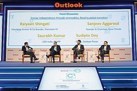(From left) Sudipto Dey, editor, Outlook Planet; Saurabh Kumar, CEO, India, GEAPP; Raiyaan Shingati, co-founder, Transition VC; Sanjeev Aggarwal, Hexa Climate