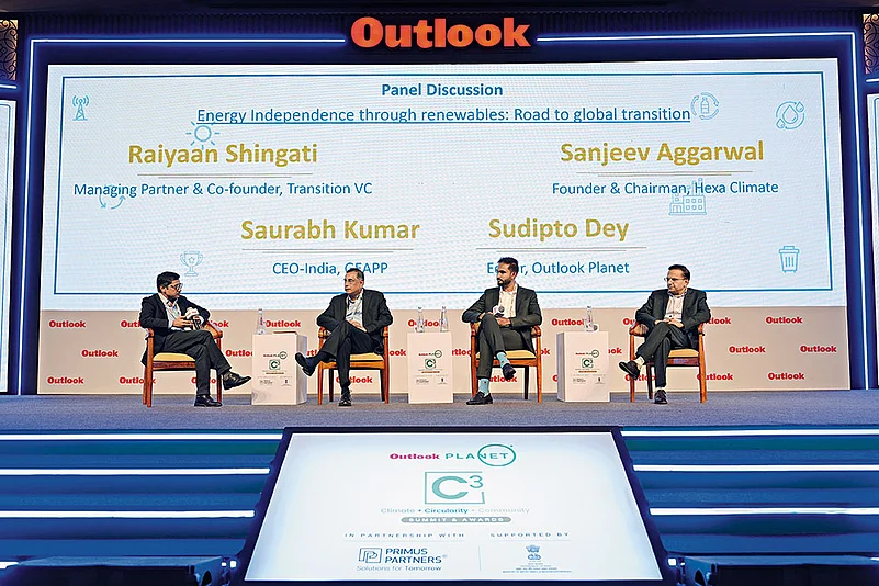 (From left) Sudipto Dey, editor, Outlook Planet; Saurabh Kumar, CEO, India, GEAPP; Raiyaan Shingati, co-founder, Transition VC; Sanjeev Aggarwal, Hexa Climate