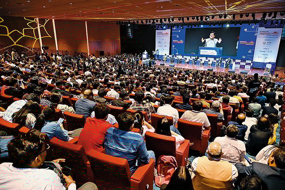 Union Minister of Commerce Piyush Goyal addresses the audience at Start-up Mahakumbh in New Delhi in April