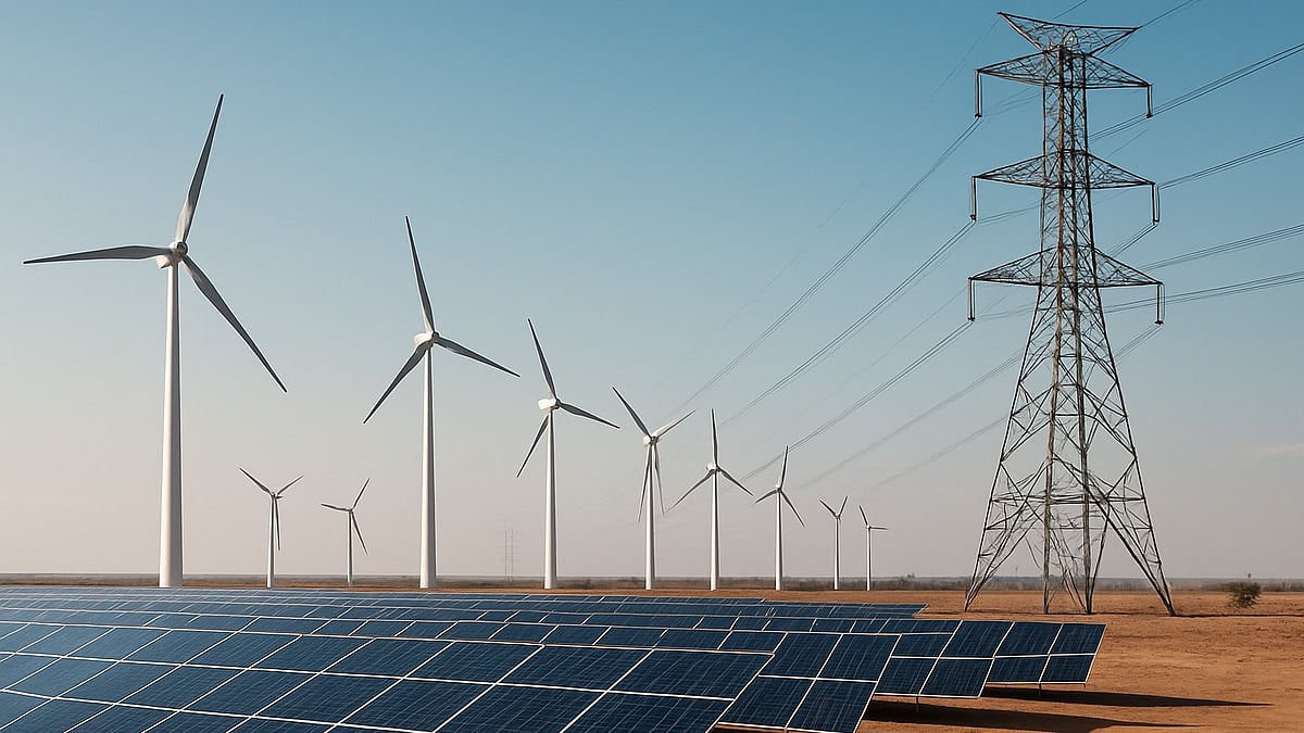 Transmission towers set against a backdrop of wind and solar farms in Gujarat, a state accelerating its renewable energy transition.