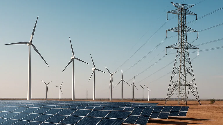 Transmission towers set against a backdrop of wind and solar farms in Gujarat, a state accelerating its renewable energy transition. - null