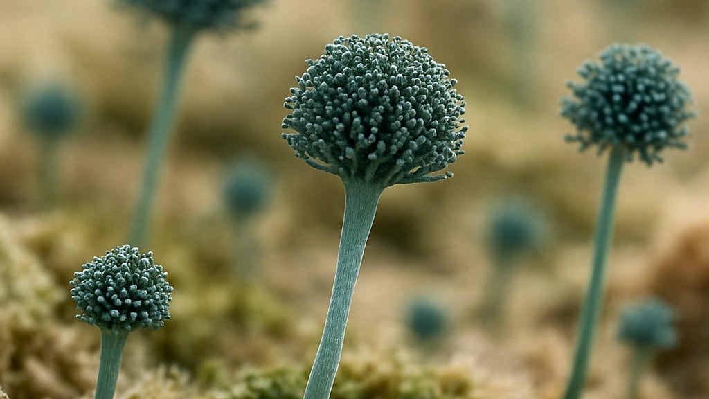 Aspergillus fumigatus spores, a fungus increasingly threatens global health due to climate change and drug resistance.