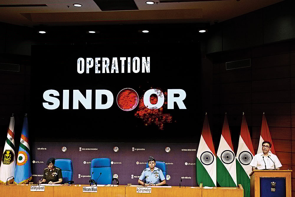 | Photo: AP : (L-R) Col Sofiya Qureshi, Wing Commander Vyomika Singh and Vikram Misri