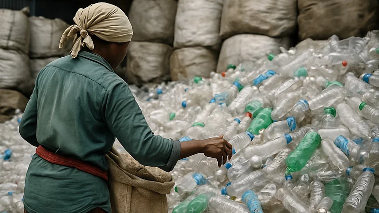 A rag picker sorts plastic bottles at a recycling center—powering India’s circular economy from the ground up. - null