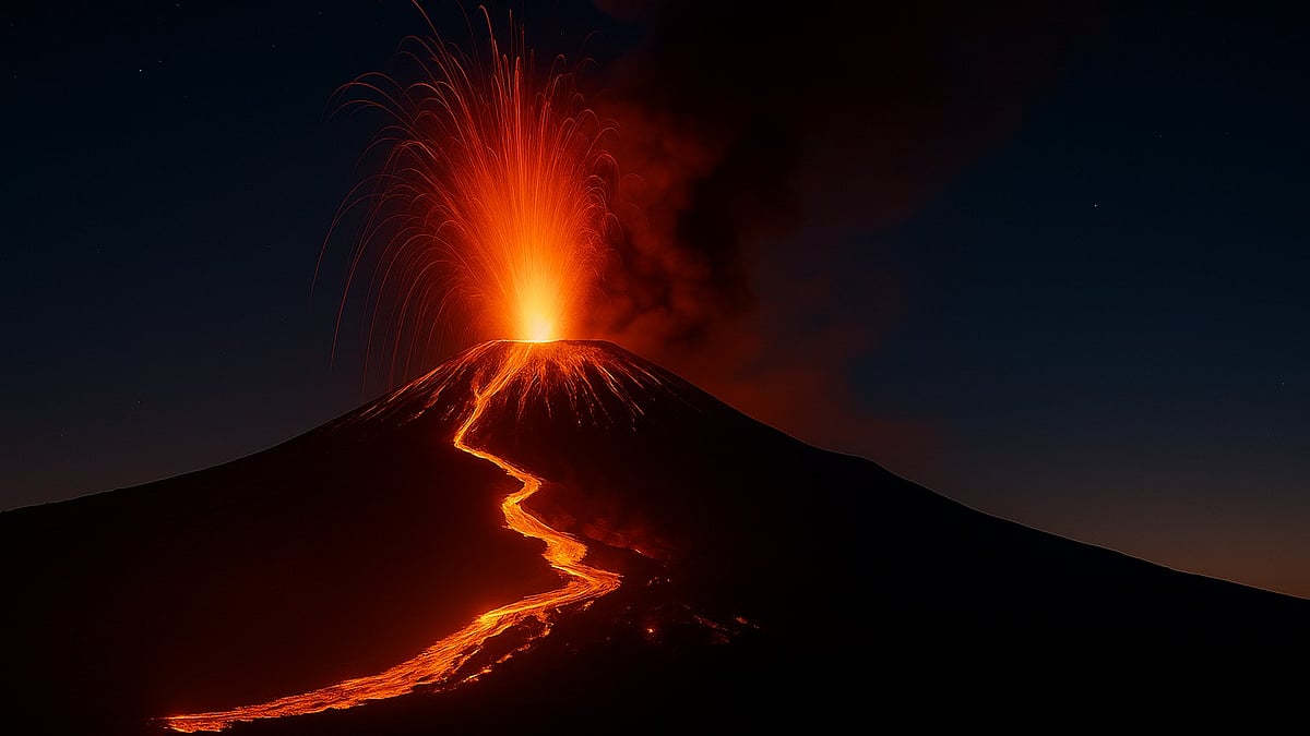 Volcanic eruption sends ash and gases high into the sky, triggering alerts but causing no injuries.