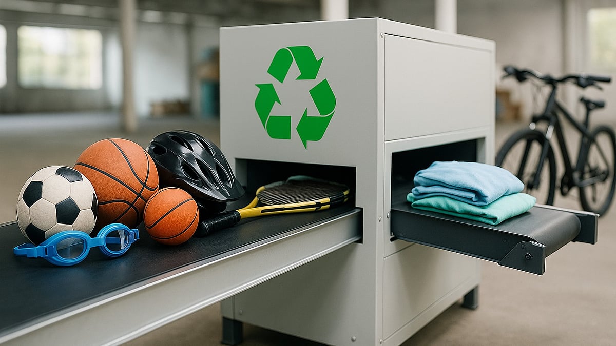 Old sports gear enters recycling—clothes and bikes come out.