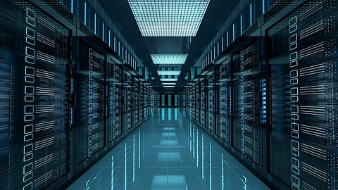 A server farm powering global cloud storage systems and contributing to digital emissions