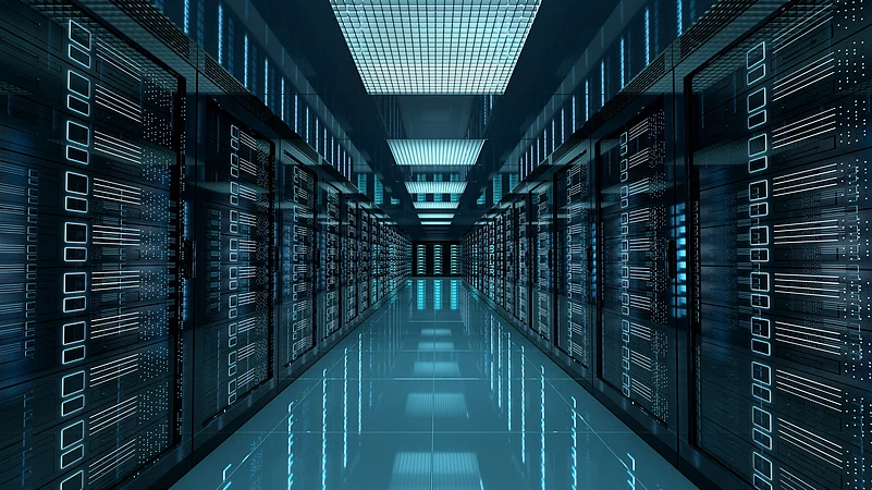 A server farm powering global cloud storage systems and contributing to digital emissions