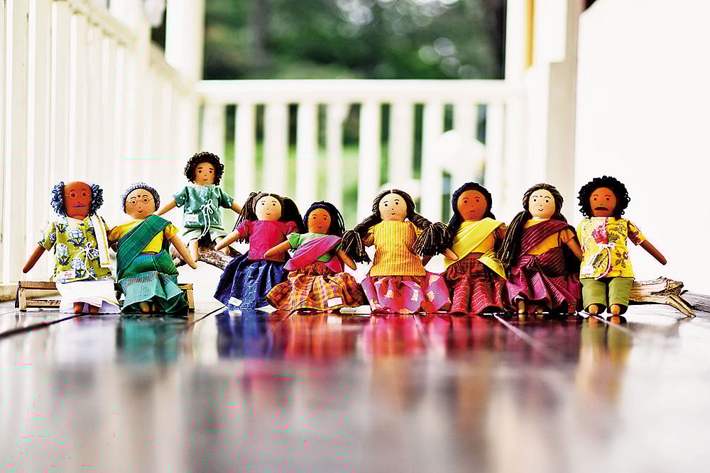 Rag dolls stitched by The Good Doll workers from textile waste 