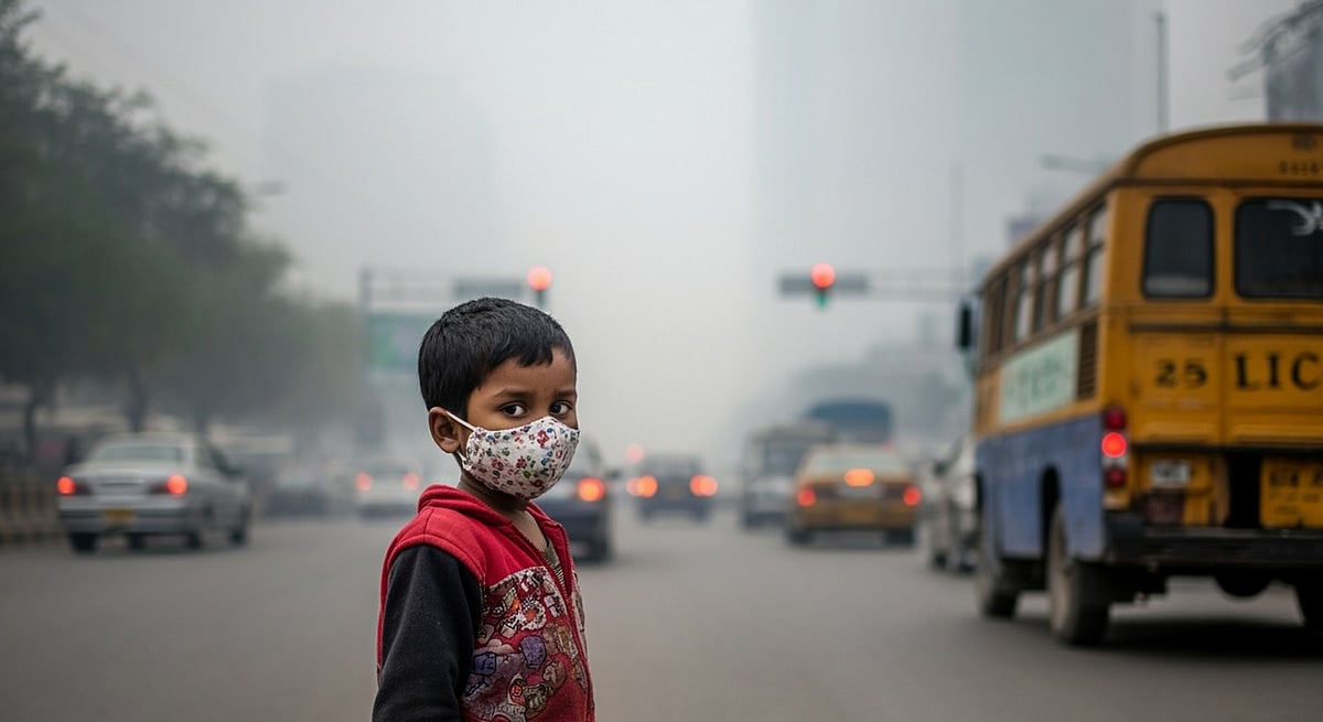 A young child wearing a face mask to protect himself from the pollution
