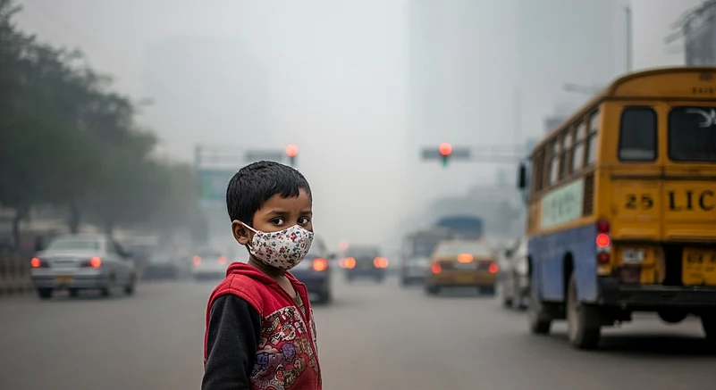A young child wearing a face mask to protect himself from the pollution