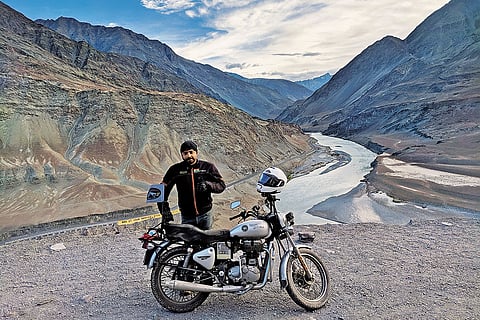 Samik Chakraborty, 43, Mumbai, With his motorcycle during his 5,500-km ride from Mumbai to Ladakh in 2018