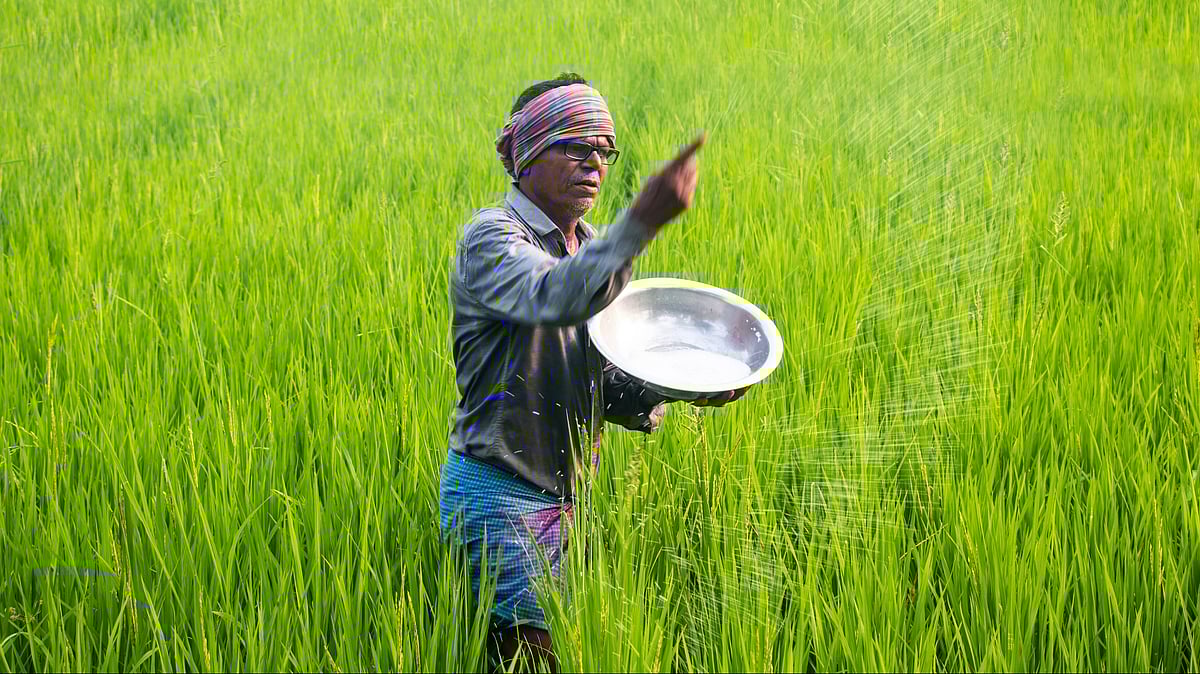 A farmer spreads fertiliser on an agricultural field - null